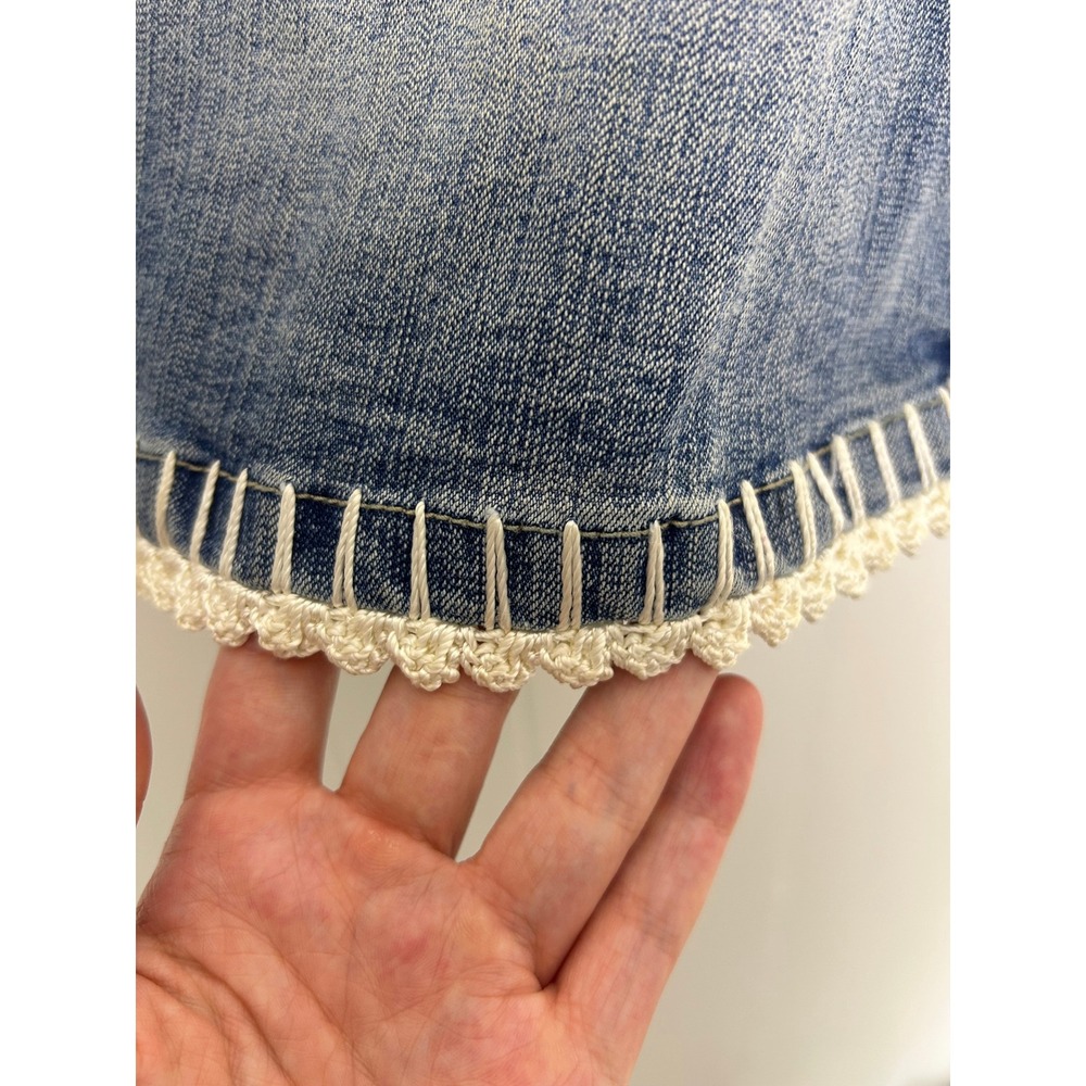 Crest Jeans Top L Blue Crochet Sleeve Denim V-Neck Boho Y2K Western Festival - Picture 9 of 11